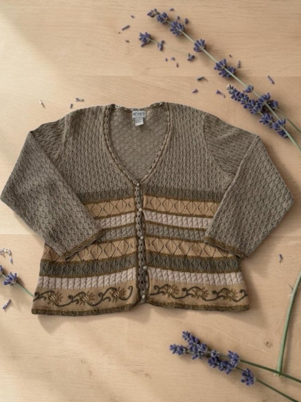 Vintage Koret Cardigan Sweater Women's Medium Earth Tone Open Knit Crochet Style